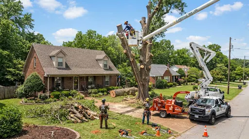 Tree removal planning image showing aerial access, controlled rigging, and debris equipment